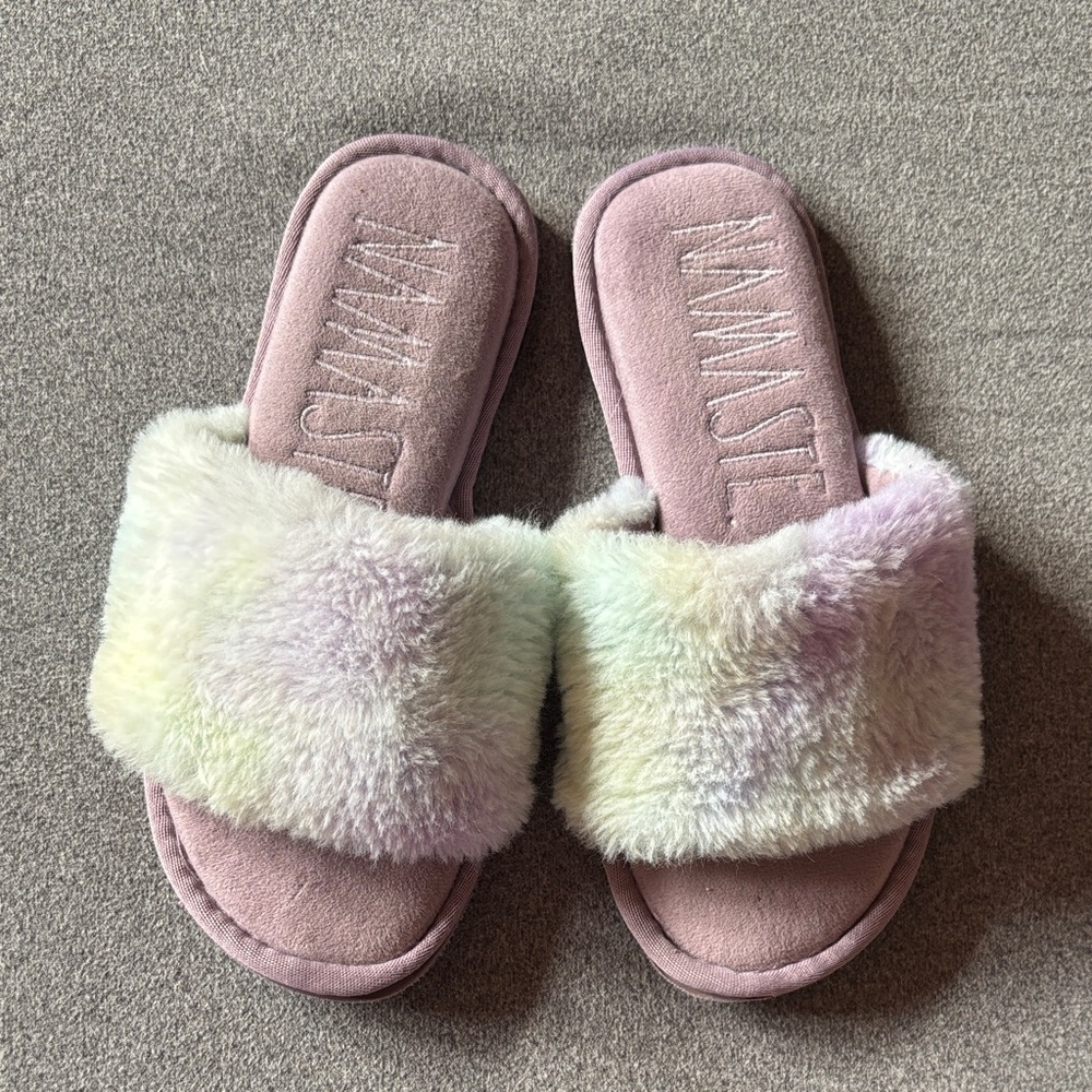 Rae Dunn Dusty Rose Plush 'Namaste' Slide Slippers
